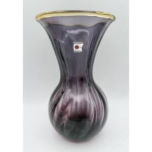 Blenko Purple Amethyst Optic Glass Vase w Yellow Topaz Rim 8.5” Hank Adams #9414